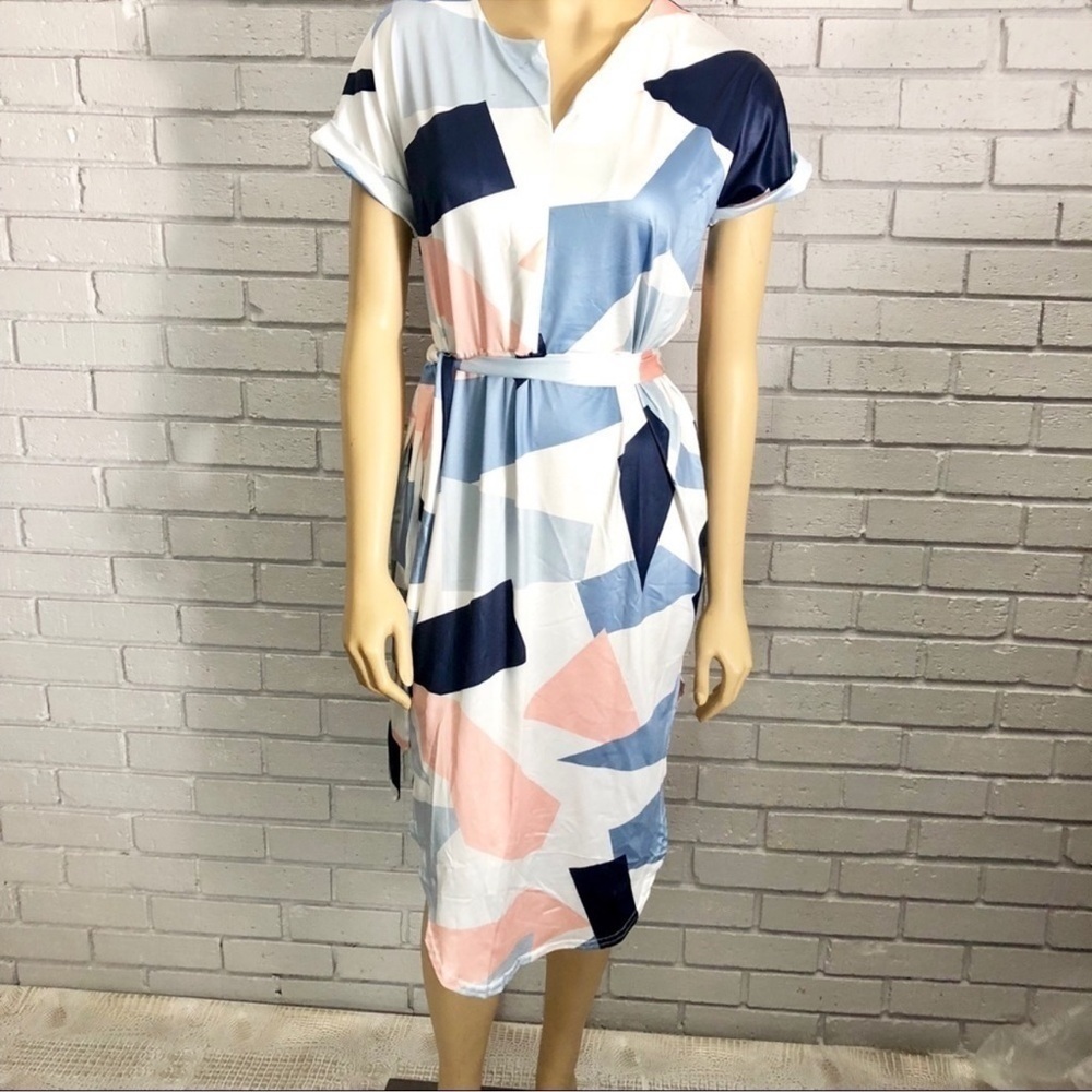 Poptem V-Neck Geometric Pattern Belted Midi Dress‎